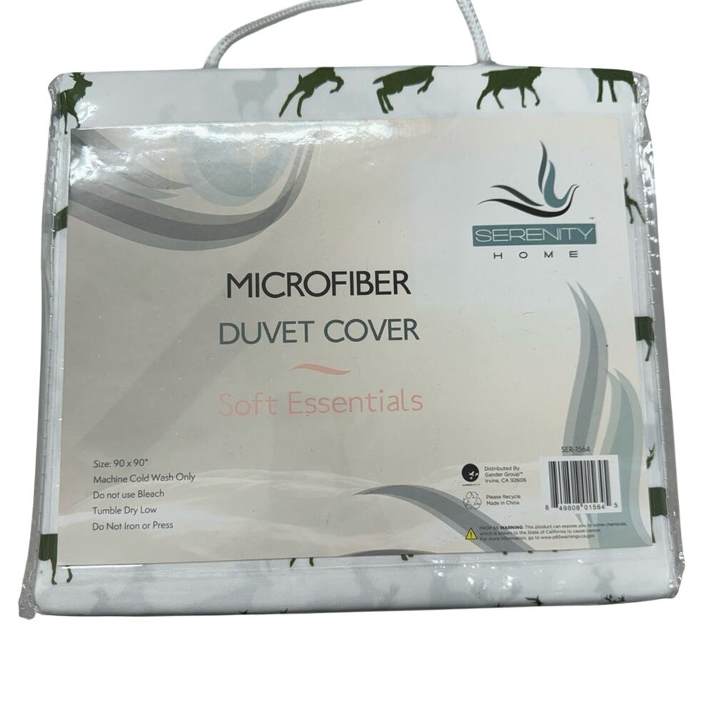 Queen Size Microfiber Duvet Cover White & Green Deer Print Christmas Holiday NEW
